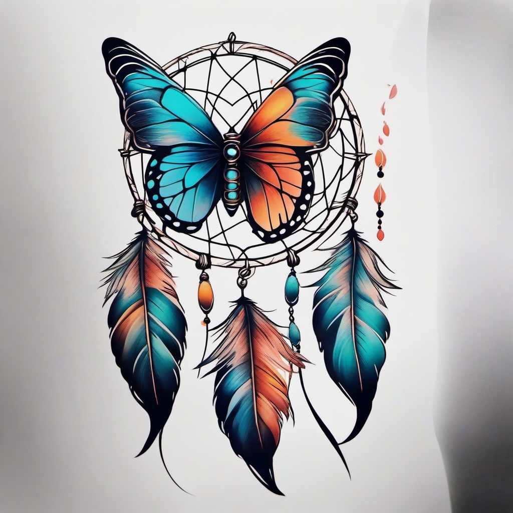 butterfly dream catcher tattoo  simple color tattoo,white background,minimal