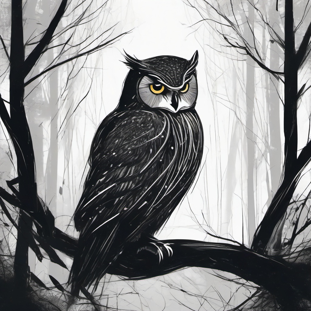 drawing of an owl in a mystical forest  minimal rough sketch scribbles,doodles,black and white