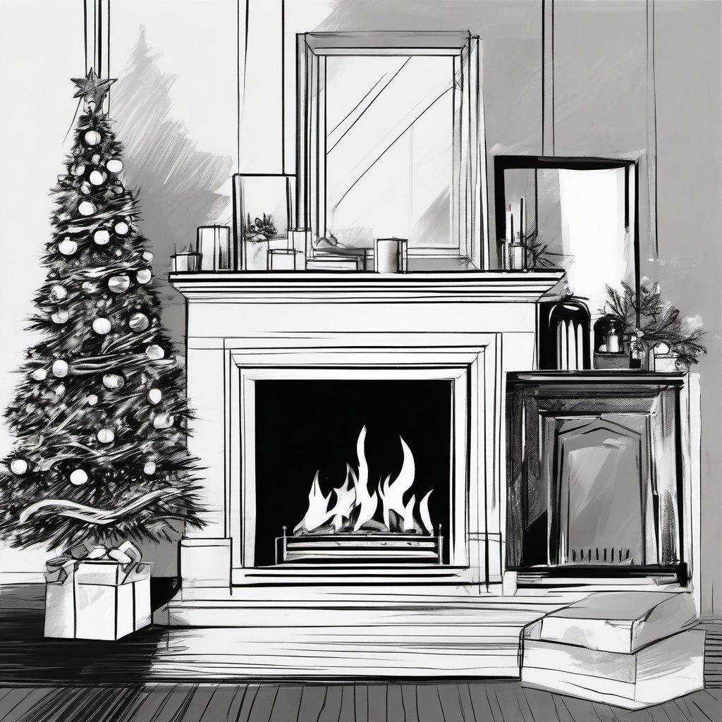 drawing of christmas fireplace  minimal rough sketch scribbles,doodles,black and white