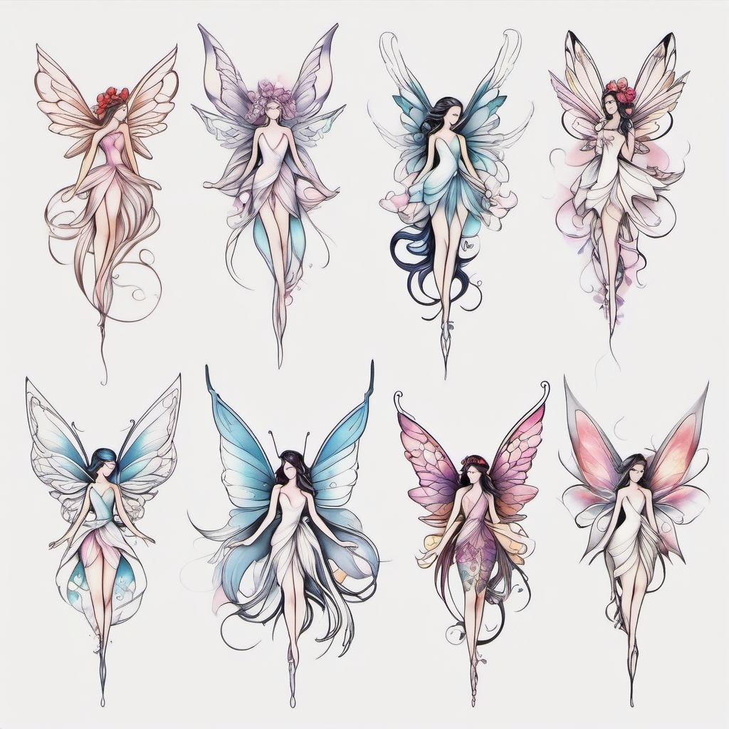 Fairy tattoos: Enchanting fairies, bringing a touch of magic, whimsy, and femininity to the skin.  color tattoo style, minimalist, white background