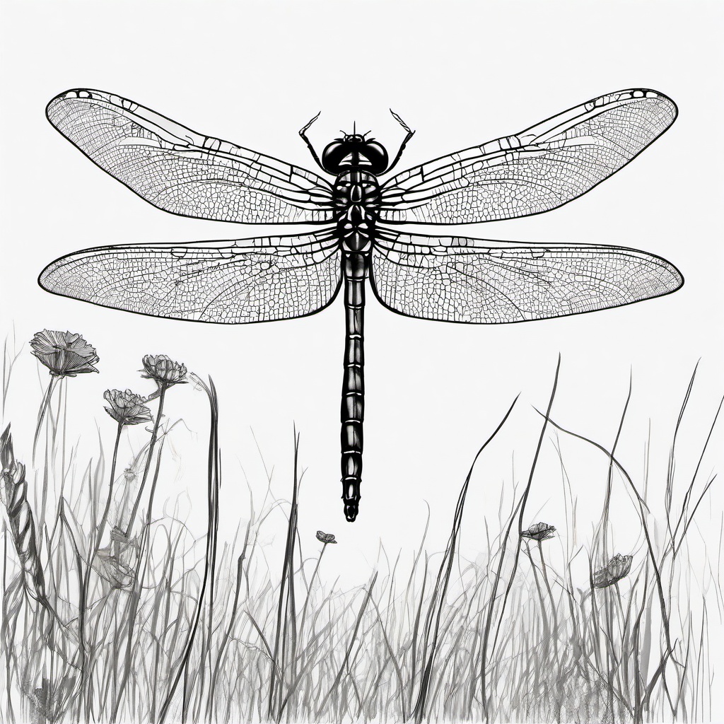 drawing of a dragonfly in a meadow  minimal rough sketch scribbles,doodles,black and white