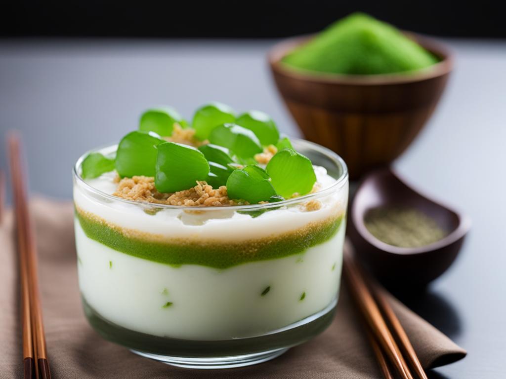 cendol, a southeast asian dessert with green rice flour jelly, coconut milk, and palm sugar. 