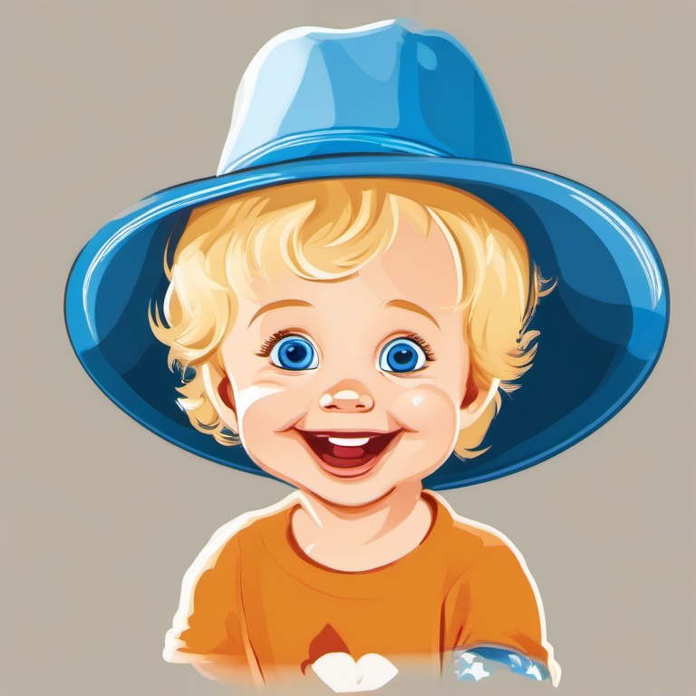 happy 2 year old boy blonde hair blue eyes wearing blue hat  , vector illustration, clipart