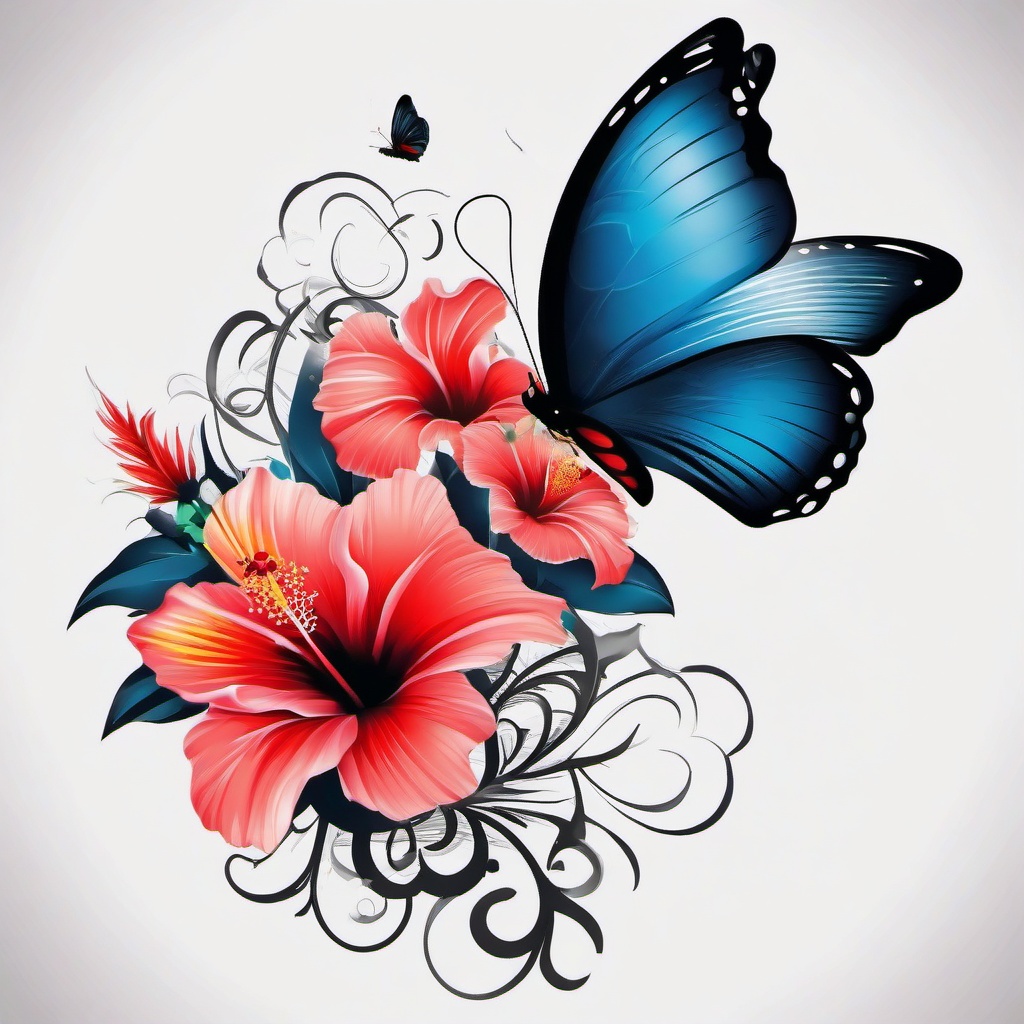 Butterfly and Hibiscus Tattoo - Infuse your ink with a blend of butterfly and hibiscus elements, creating a harmonious and visually striking composition.  simple color tattoo, minimal, white background