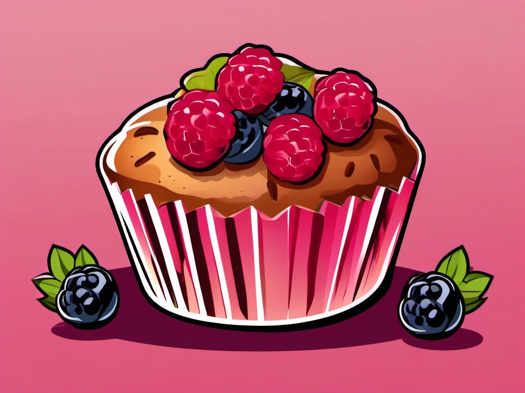 Raspberry Muffin with Berries Clipart - A freshly baked raspberry muffin.  color vector clipart, minimal style