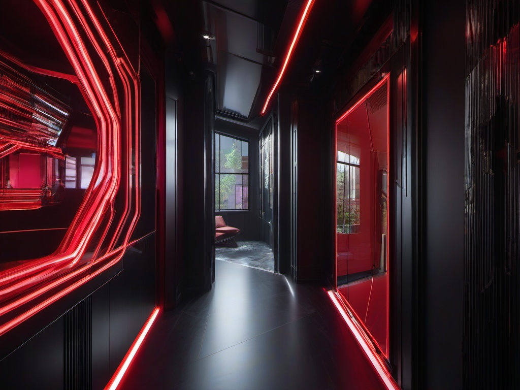 The hallway showcases cyberpunk interior design through reflective surfaces, dynamic lighting, and urban art, creating a visually striking passage throughout the home.  