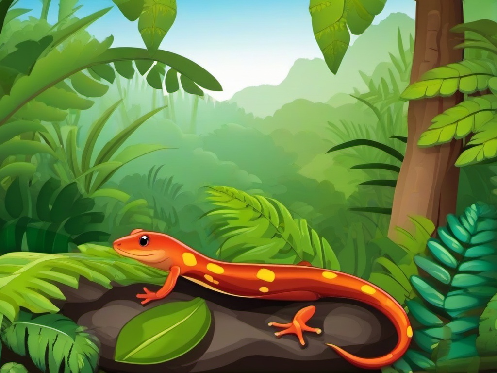 Salamander Cartoon - Cartoon of salamander in a rainforest  