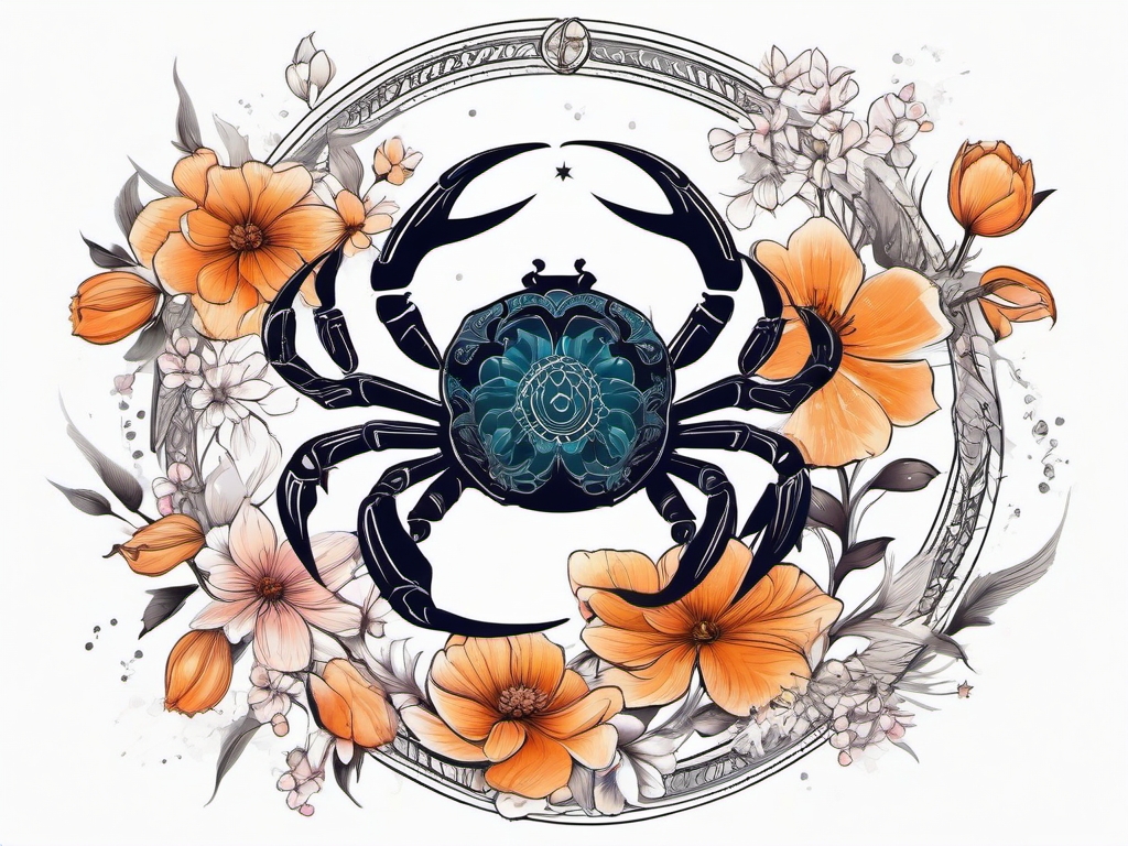 Cancer zodiac with floral elements ink. Blooms of sensitivity.  color tattoo design, white background