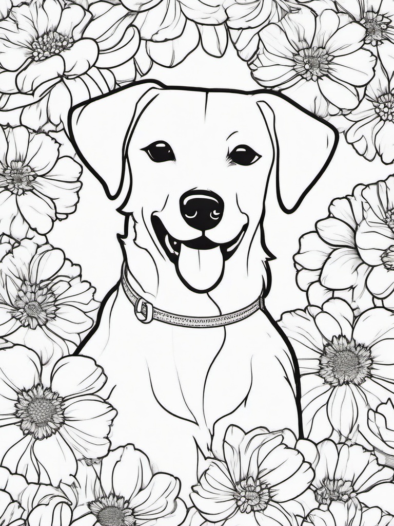 Dog and Flowers Coloring Pages - Sweet Pup Surrounded by Blooms  minimal black outline printable sheet, coloring page