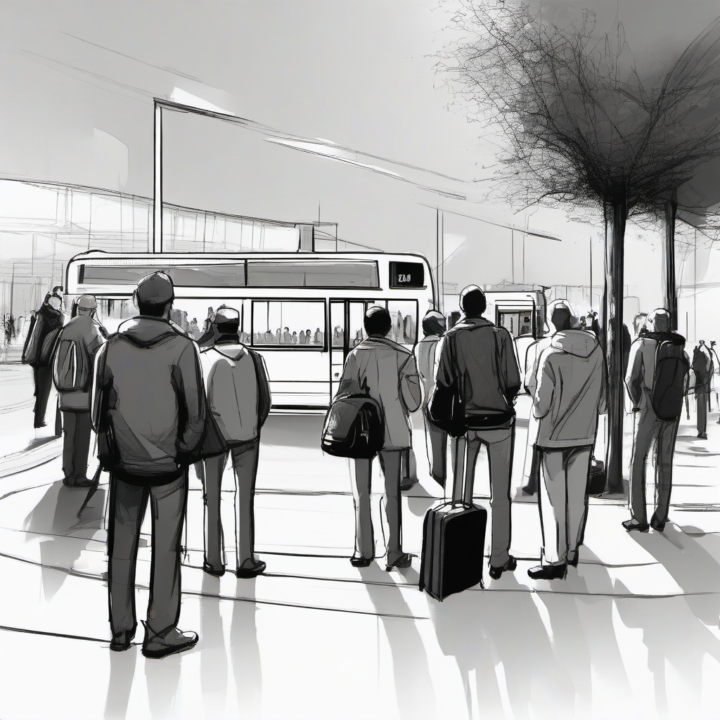 drawing of people waiting for a bus  minimal rough sketch scribbles,doodles,black and white