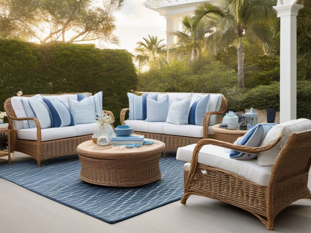 Coastal patio features light blue accents, wicker furniture, and nautical decor, bringing a relaxed beach vibe to outdoor gatherings and leisure.  