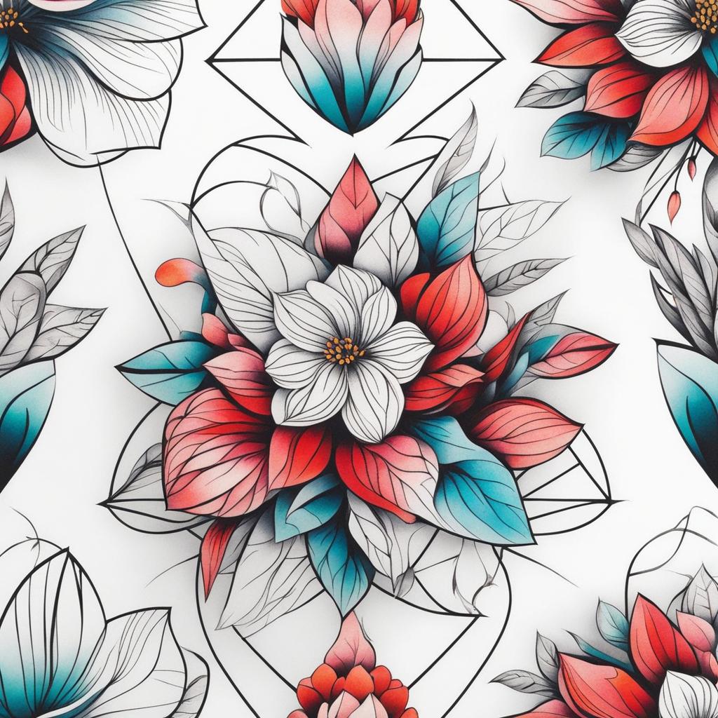 Flower geometric tattoo, Modern and creative tattoos featuring flowers in geometric designs.  vivid colors, white background, tattoo design