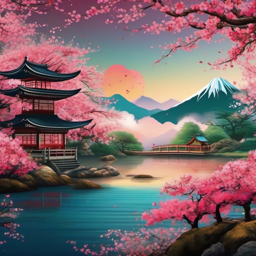 Japanese Garden Scenery Wallpaper with Cherry Blossom Dreams wallpaper splash art, vibrant colors, intricate patterns