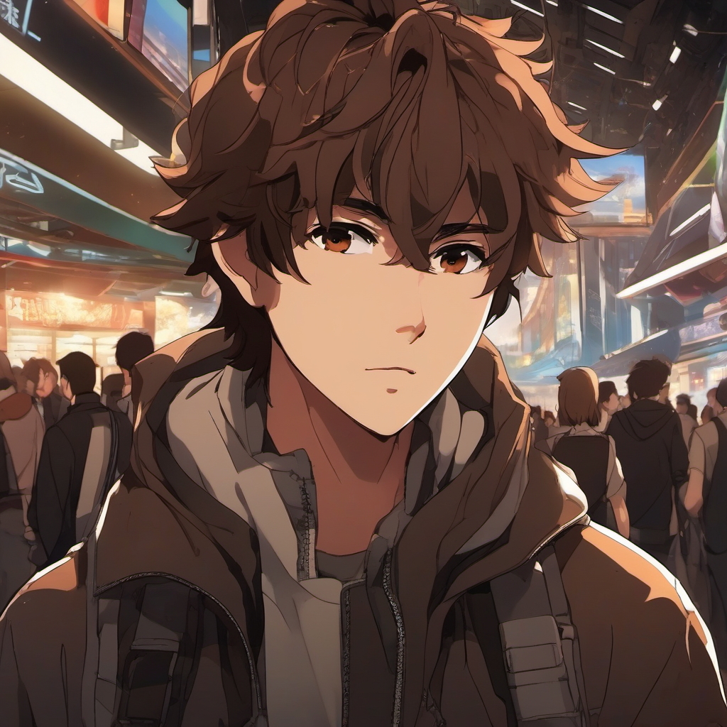 Boy with brown messy hair in a bustling futuristic marketplace.  close shot of face, face front facing, profile picture, anime style