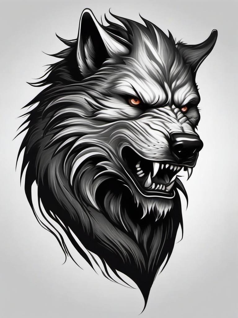 Werewolf Face Tattoo,tattoo capturing the face of a fearsome werewolf, embodiment of the supernatural. , tattoo design, white clean background