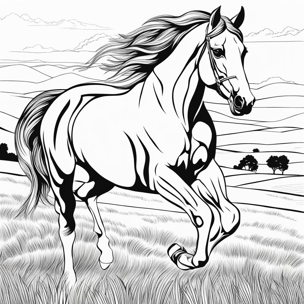 horse coloring pages - a graceful horse gallops freely through a sunlit pasture. 