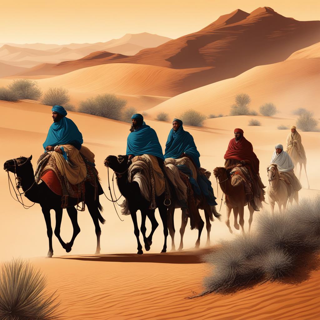 desert nomads - illustrate a group of nomads traveling through the vast desert on camelback. 