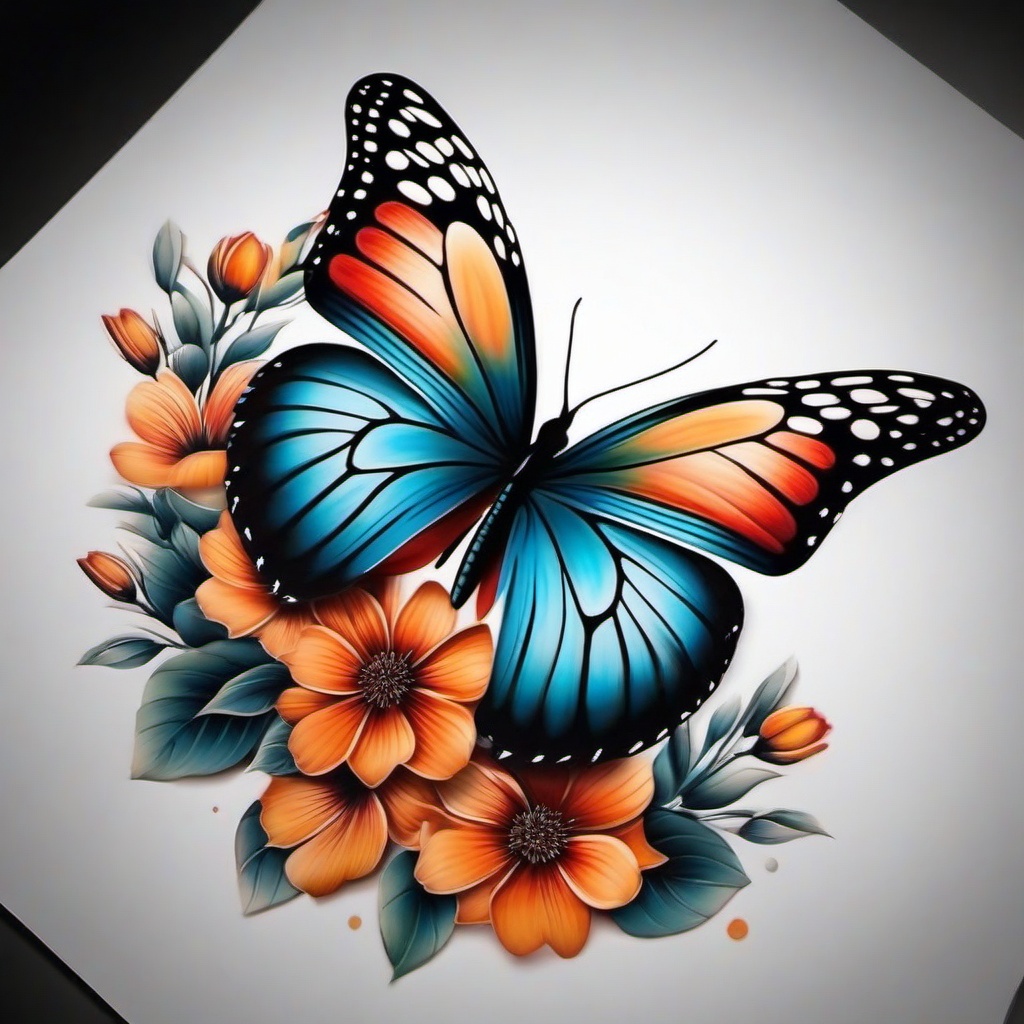 3d butterfly tattoo with flowers  simple color tattoo, minimal, white background