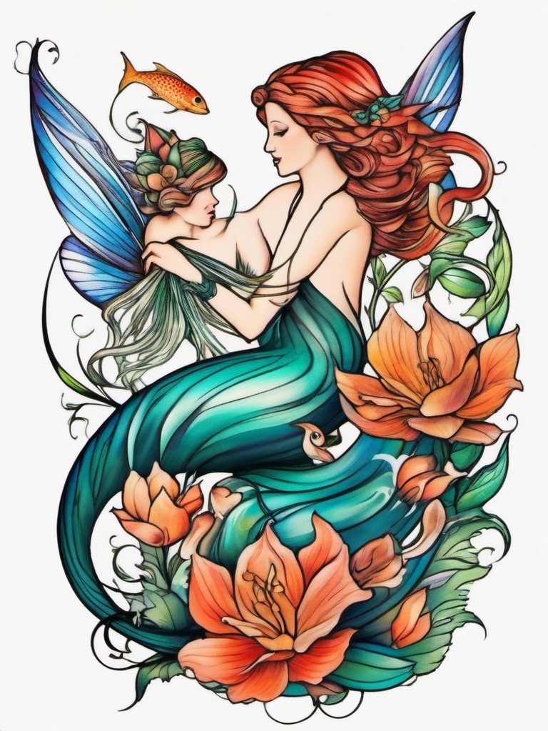 fairy and mermaid tattoo  simple color tattoo style,white background