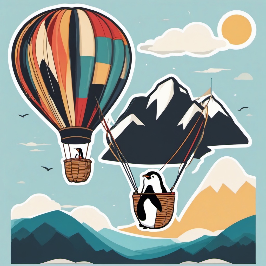 Penguin Hot Air Balloon Adventure Sticker - A penguin embarking on a whimsical hot air balloon adventure over scenic landscapes. ,vector color sticker art,minimal