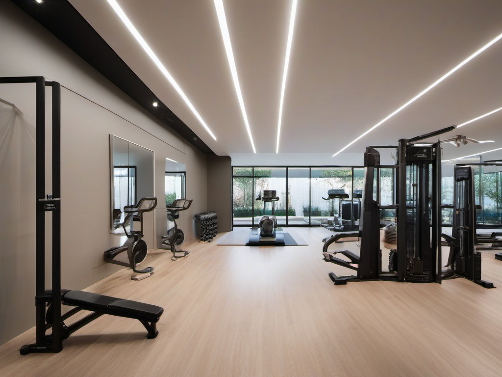 Bauhaus gym room incorporates sleek, functional workout equipment, clean lines, and a neutral color palette, focusing on efficiency and modern aesthetics in the exercise space.  