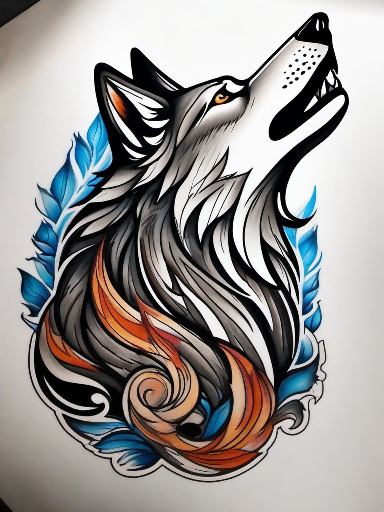 Howling Tattoo,tattoo capturing the enchanting act of a wolf's howl, tribute to the wild and untamed. , color tattoo design, white clean background