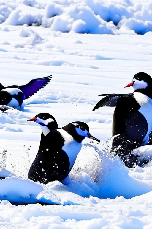 penguins trying to perform a 'belly slide marathon,' slipping and sliding across the ice. 