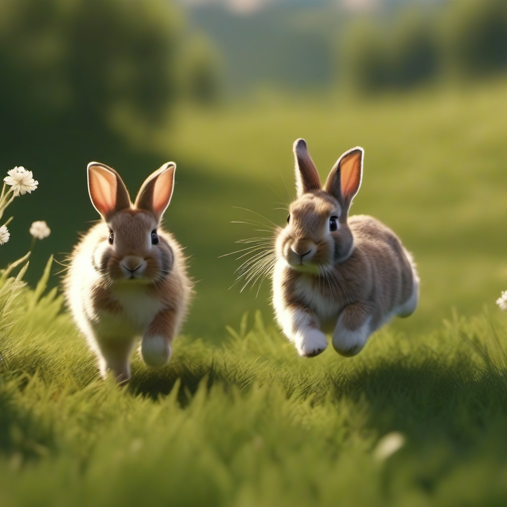 far shot of 3 cute rabbits far apart jumping on a meadow realistic 4k