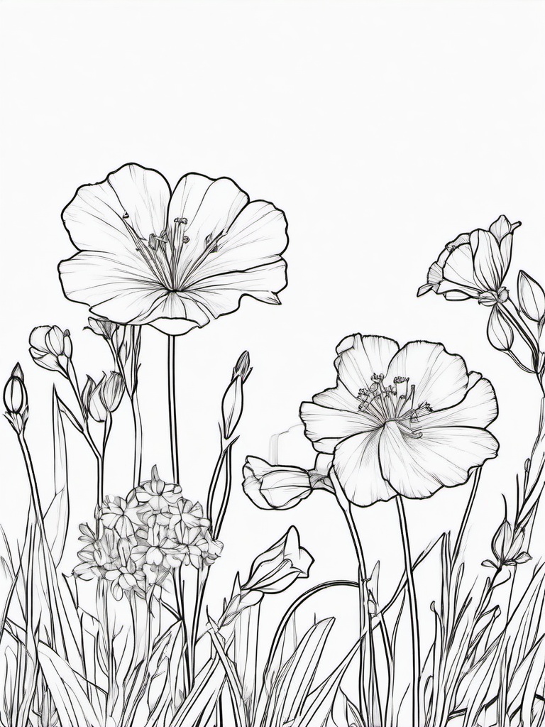 Clarkia coloring page sheet - Clarkia flowers blooming in a wildflower meadow.  black outline printable coloring page