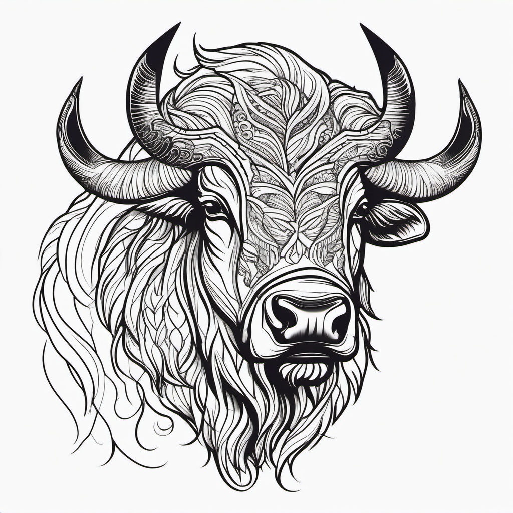 Bison Tattoo - Bison with powerful horns, symbol of strength and unity  few color tattoo design, simple line art, design clean white background