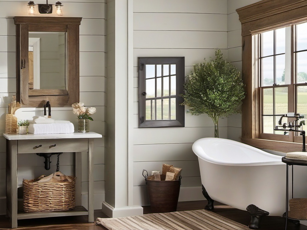 Farmhouse bathroom offers shiplap walls, a vintage-style sink, and rustic decor that create a warm and welcoming atmosphere.  