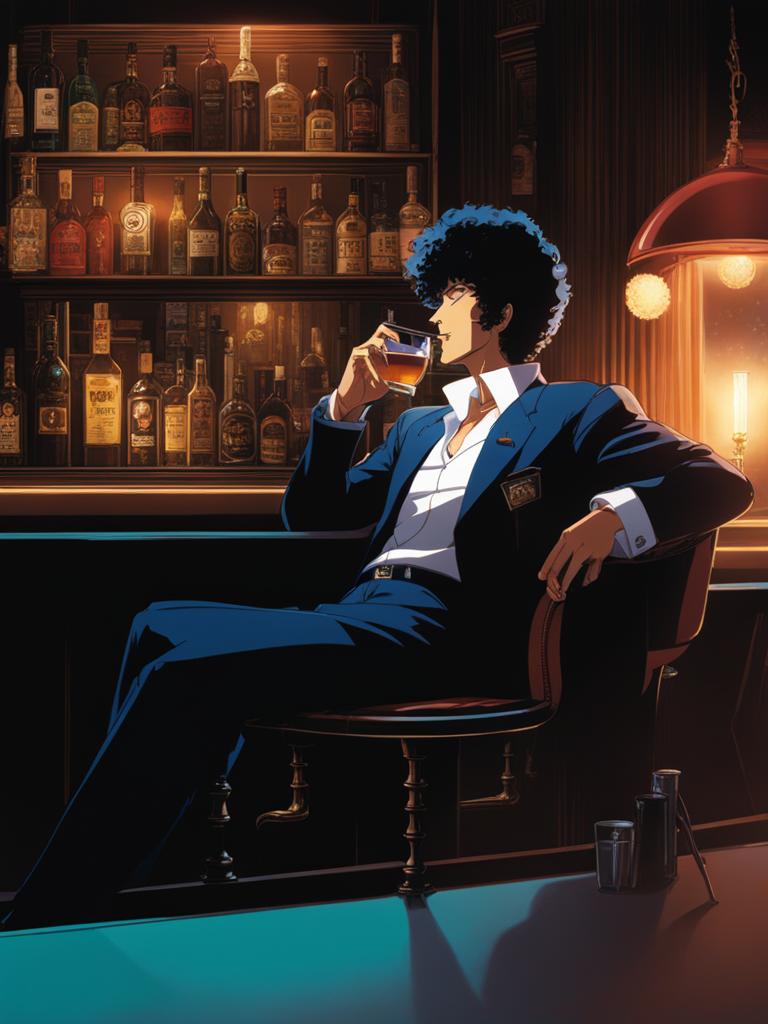 spike spiegel lounges in a smoky jazz bar, sipping on a glass of whiskey. 