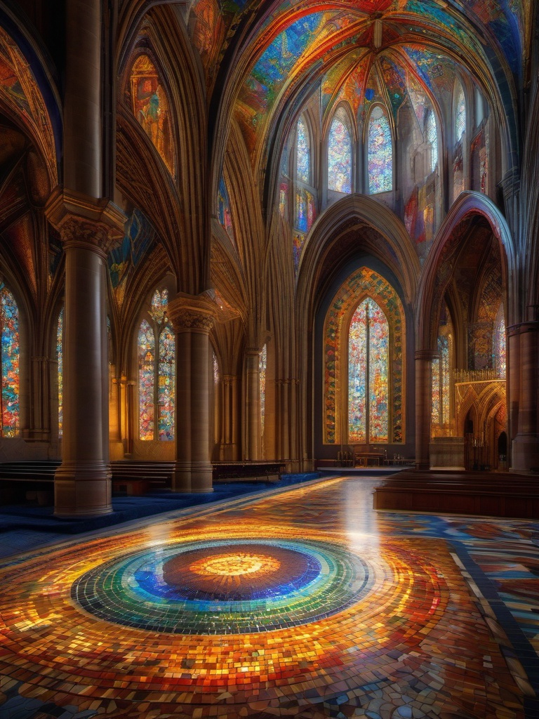 Vivid mosaic, adorning the floor of a cathedral, tells the stories of a divine journey, where faith and art merge to create a spiritual masterpiece. hyperrealistic, intricately detailed, color depth,splash art, concept art, mid shot, sharp focus, dramatic, 2/3 face angle, side light, colorful background