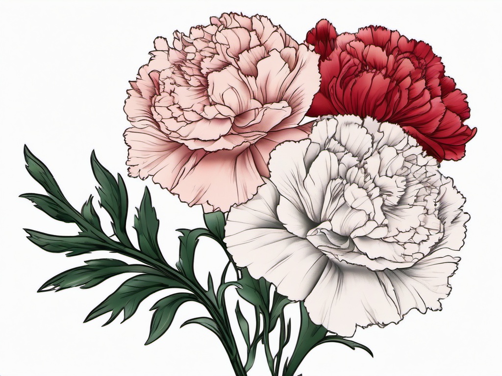 Carnation Birth Flower Tattoo,Exploration of birth flower symbolism with a tattoo featuring carnations, symbolizing fascination, love, and distinction.  simple color tattoo,minimal vector art,white background