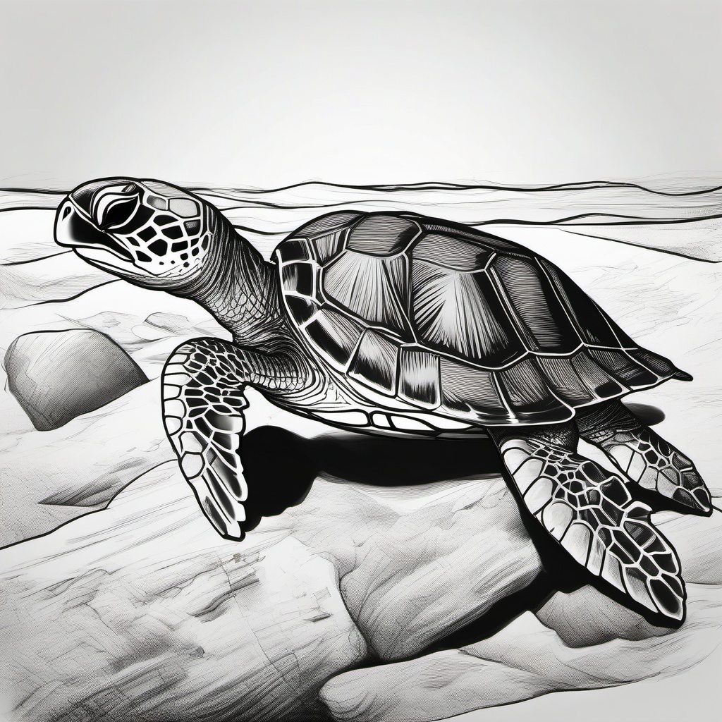 drawing of a cartoon sea turtle  minimal rough sketch scribbles,doodles,black and white