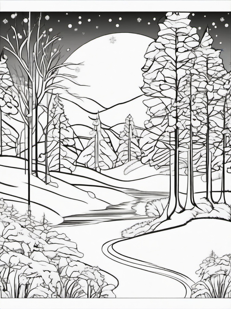 Winter Wonderland Coloring Pages - Magical Scene with Snow and Trees  minimal black outline printable sheet, coloring page