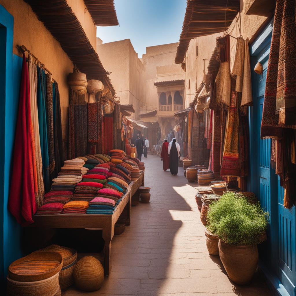 venture into a bustling souk, with narrow alleyways and a rich tapestry of textiles. 