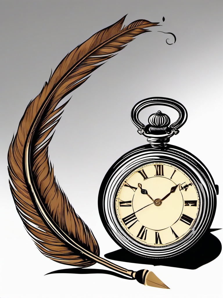 Pocket Watch Paired with Quill Pen Clipart - Elaborate pocket watch accompanied by a quill pen, poised for creative writing.  color clipart, minimalist, vector art, 