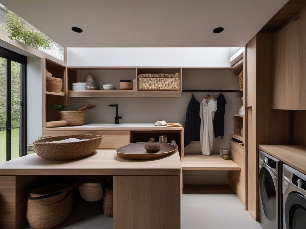 A utility room designed with Wabi Sabi interior design includes practical storage solutions, rustic decor, and a cozy layout that makes chores feel more manageable and stylish.  