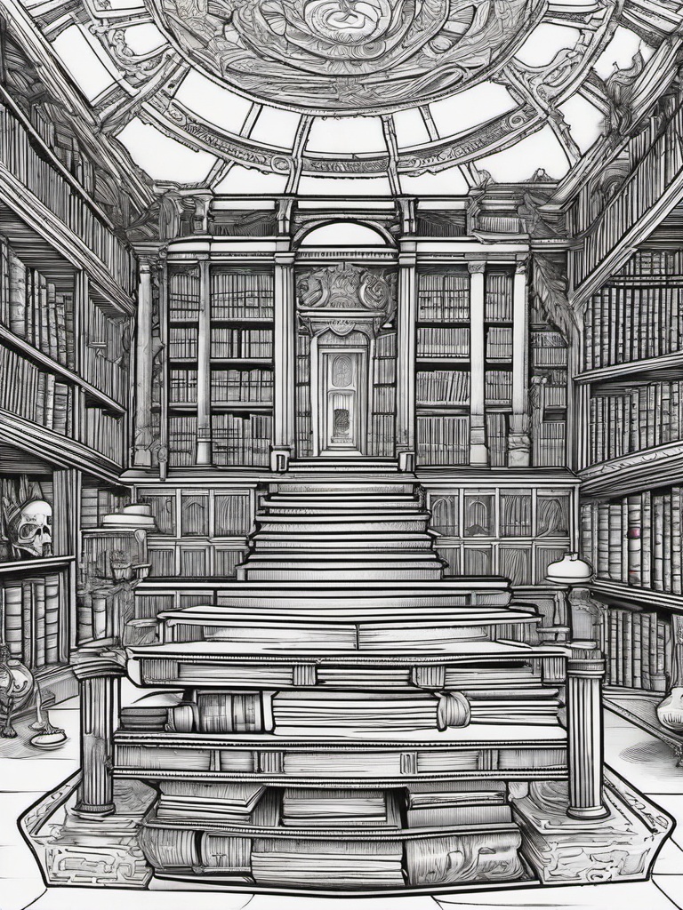 Horror Coloring Pages - Haunted library filled with ancient books and spirits  simple coloring pages