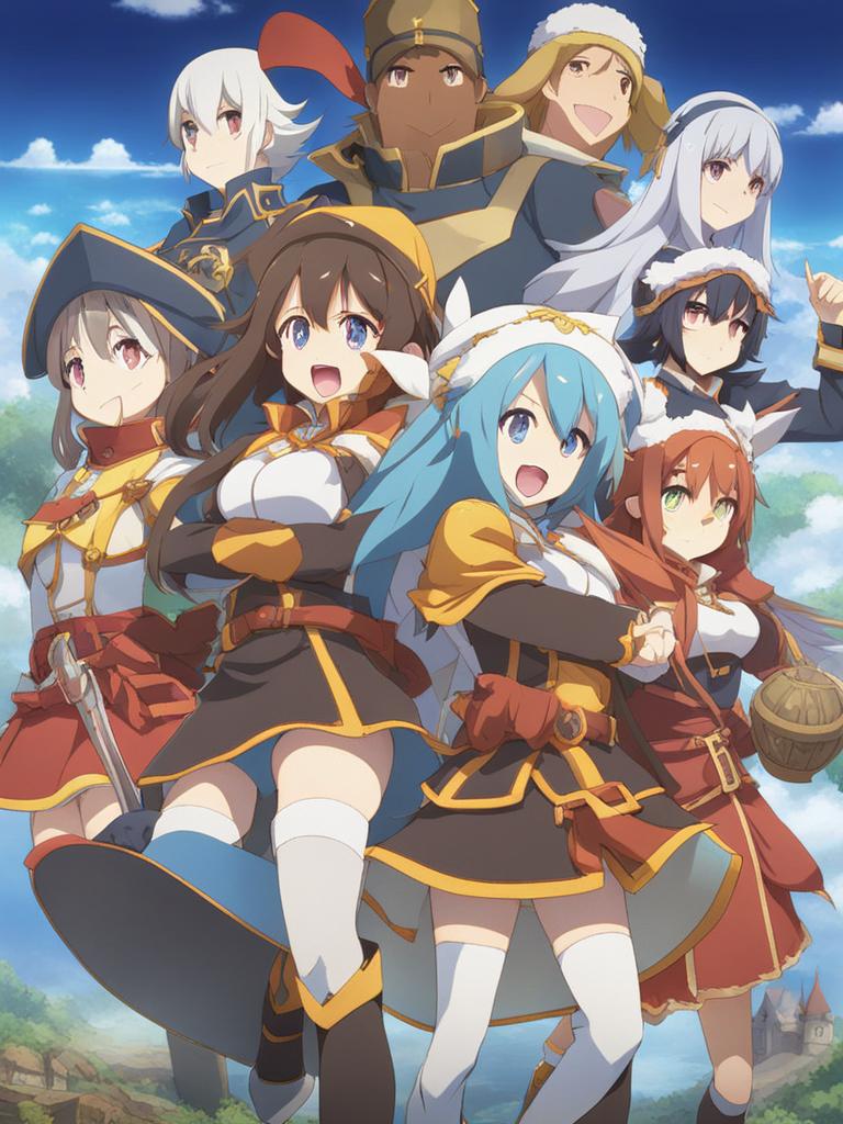 konosuba's zany adventurers embark on comical quests in a whimsical, fantasy realm. 