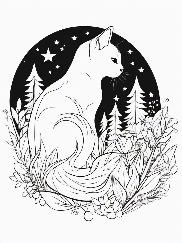 Kitty with a Moon and Stars Coloring Pages - Dreamy Kitten Under the Night Sky  minimal black outline printable sheet, coloring page