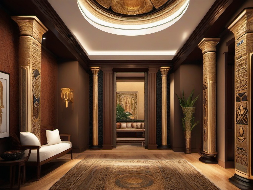 In the entryway, Egyptian Revival interior design showcases tall columns, decorative wall art, and rich tapestries that create an impressive first impression reminiscent of ancient temples.  