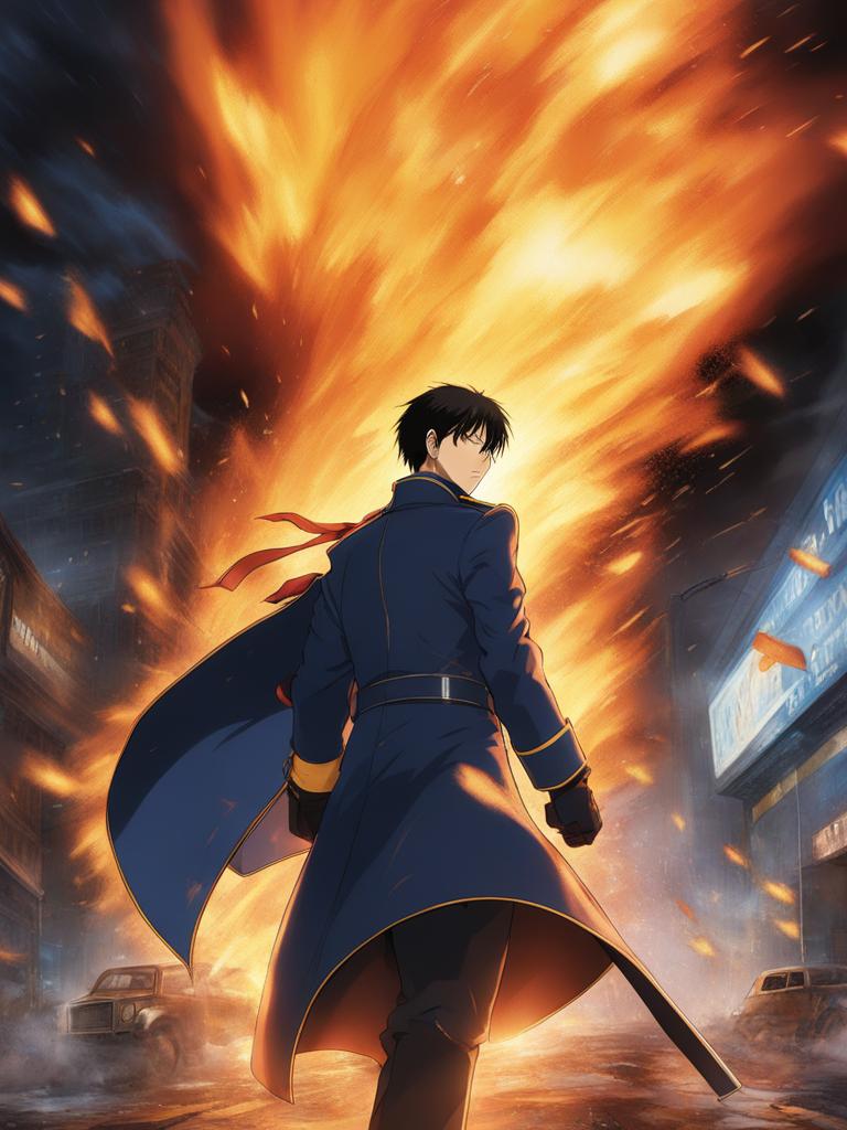 roy mustang creates fiery explosions in a rain-soaked urban battlefield. 