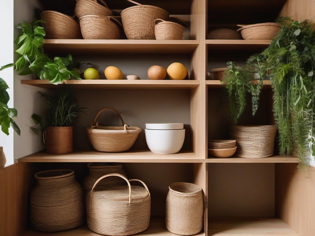 Biophilic interior design in the pantry includes natural wood shelving, woven baskets, and plants, creating an organized yet vibrant space for food storage.  