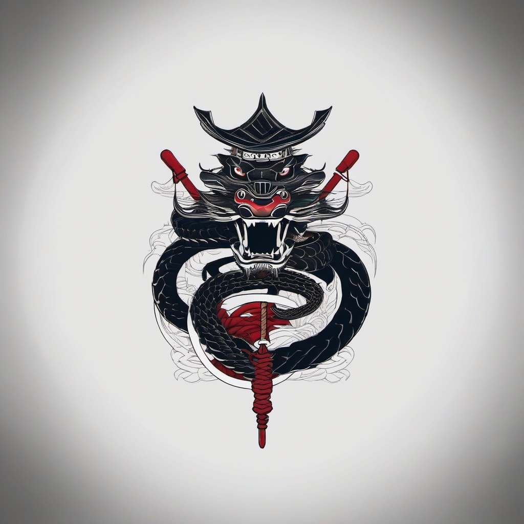 samurai snake tattoo  simple color tattoo,white background,minimal