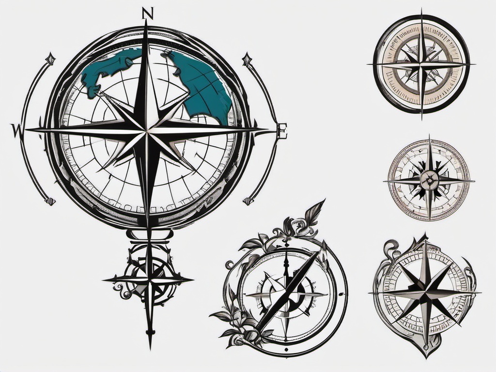 Compass and Globe Tattoo - A tattoo combining a compass and a globe for a navigational theme.  simple color tattoo design,white background