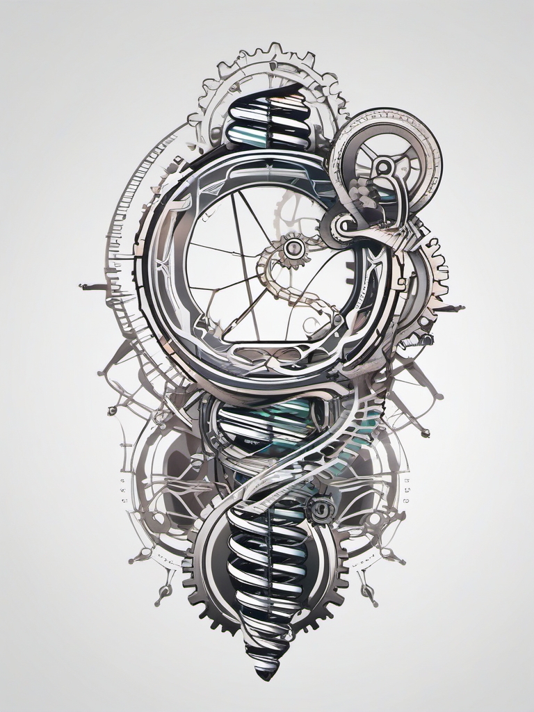 DNA Tattoo,Mechanical DNA Gears - Merge technology and biology with a tattoo featuring DNA strands intertwined with mechanical gears.  outline color tattoo,minimal,white background