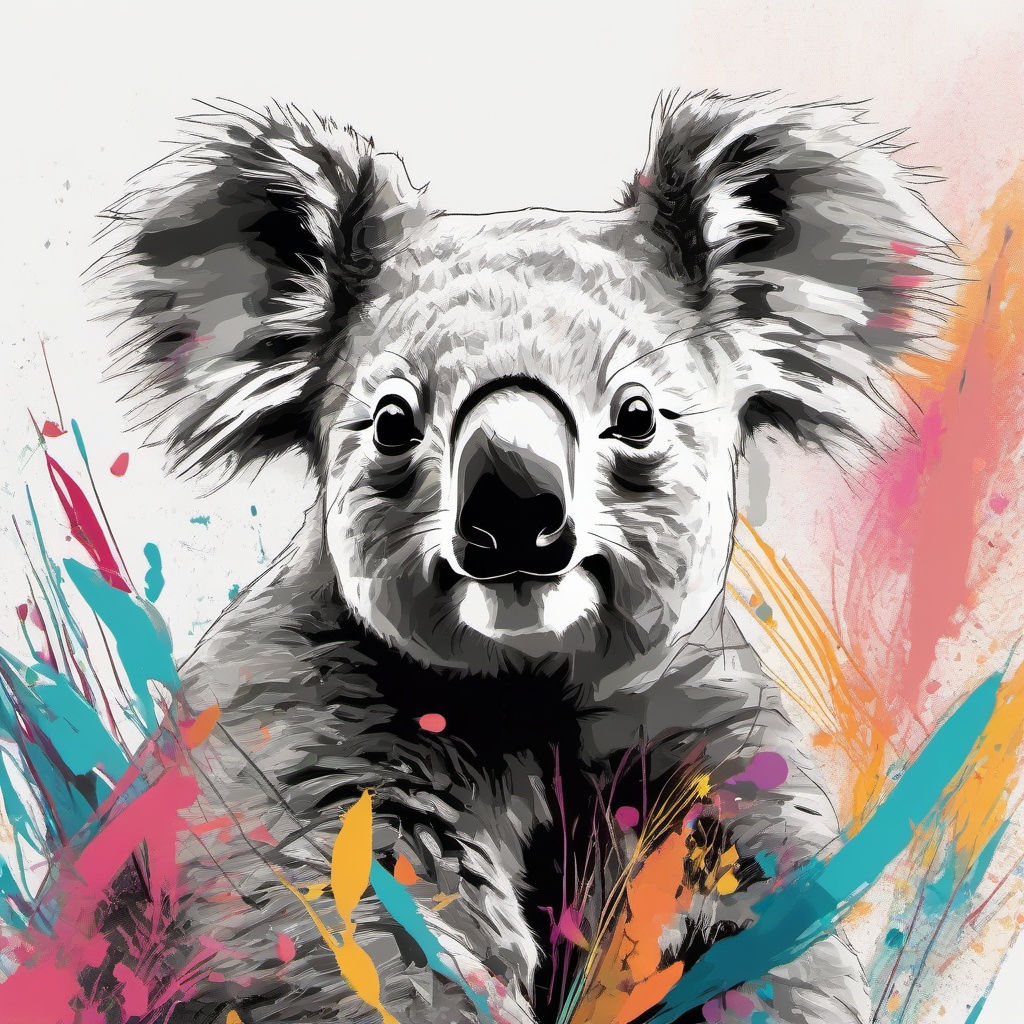 drawing of a koala in a colorful scene  minimal rough sketch scribbles,doodles,black and white