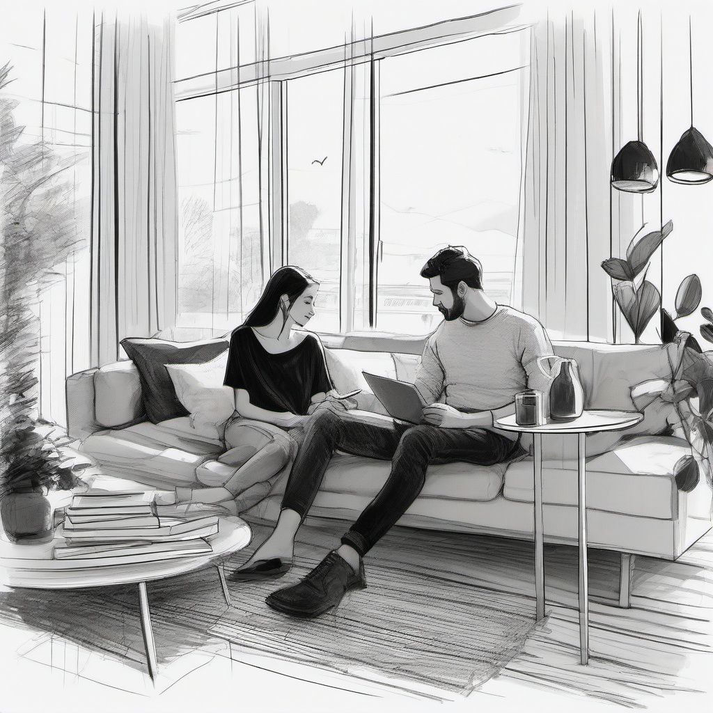 drawing of a couple in a cozy setting  minimal rough sketch scribbles,doodles,black and white